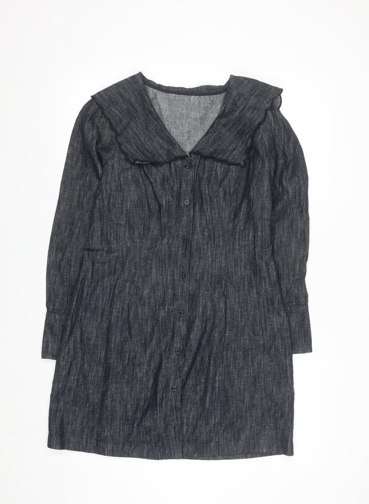 Marks and Spencer Women Blue Size 14 Linen Blend Knee Length Shirt Dress
