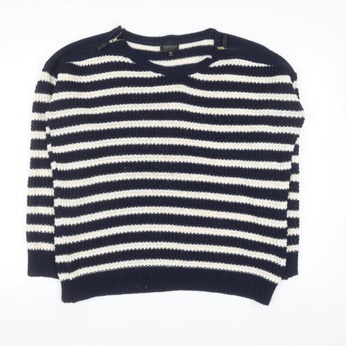 Topshop Women's Blue Striped Open-Knit Boat Neck Jumper Size 12