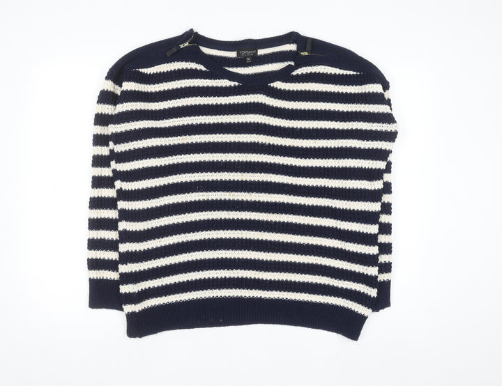 Topshop Women's Blue Striped Open-Knit Boat Neck Jumper Size 12