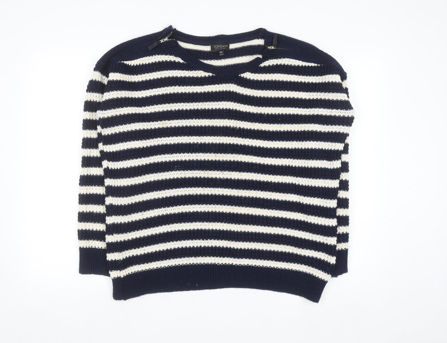 Topshop Women's Blue Striped Open-Knit Boat Neck Jumper Size 12