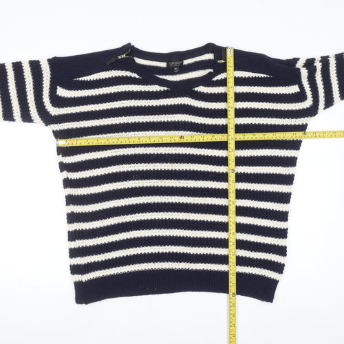 Topshop Women's Blue Striped Open-Knit Boat Neck Jumper Size 12