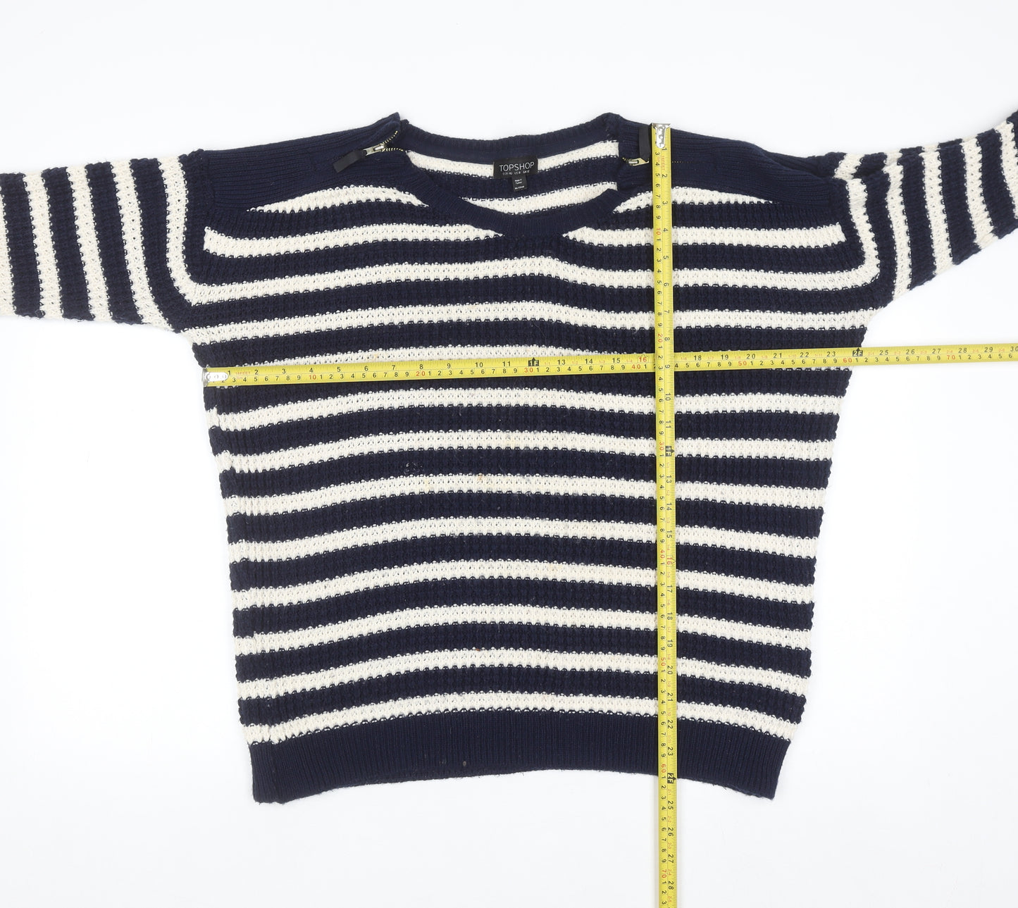 Topshop Women's Blue Striped Open-Knit Boat Neck Jumper Size 12
