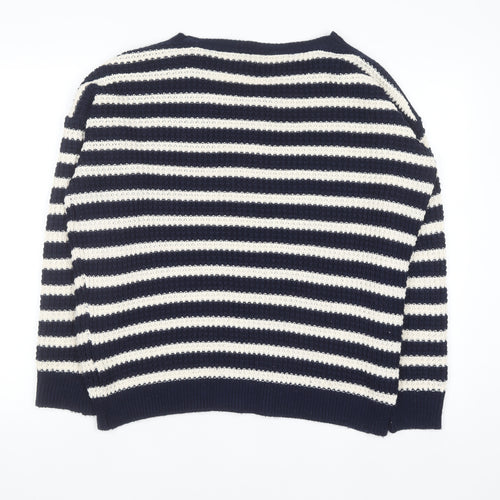 Topshop Women's Blue Striped Open-Knit Boat Neck Jumper Size 12