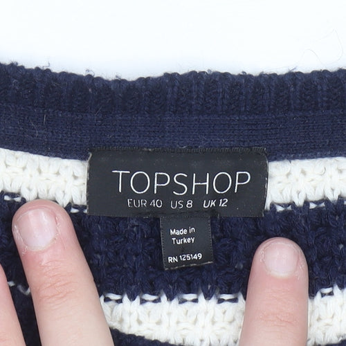 Topshop Women's Blue Striped Open-Knit Boat Neck Jumper Size 12