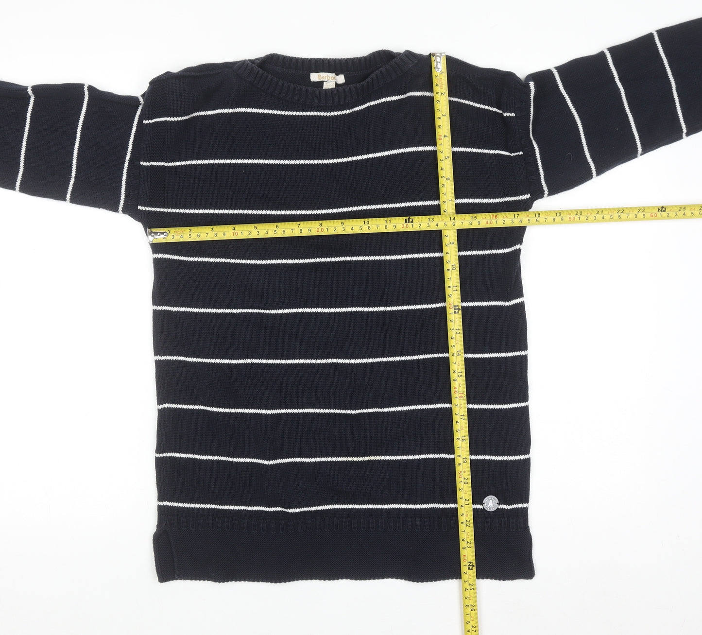 Barbour Women's Blue Striped Cotton Crew Neck Jumper Size 8