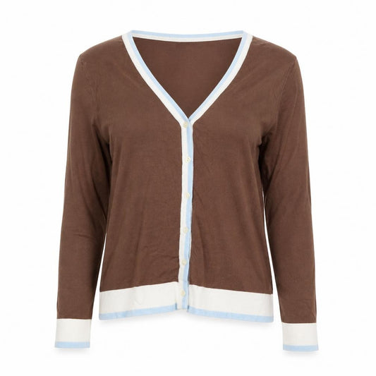 Front view of John Smedley Women's Brown Cotton Cardigan M V-Neck Knit Jumper