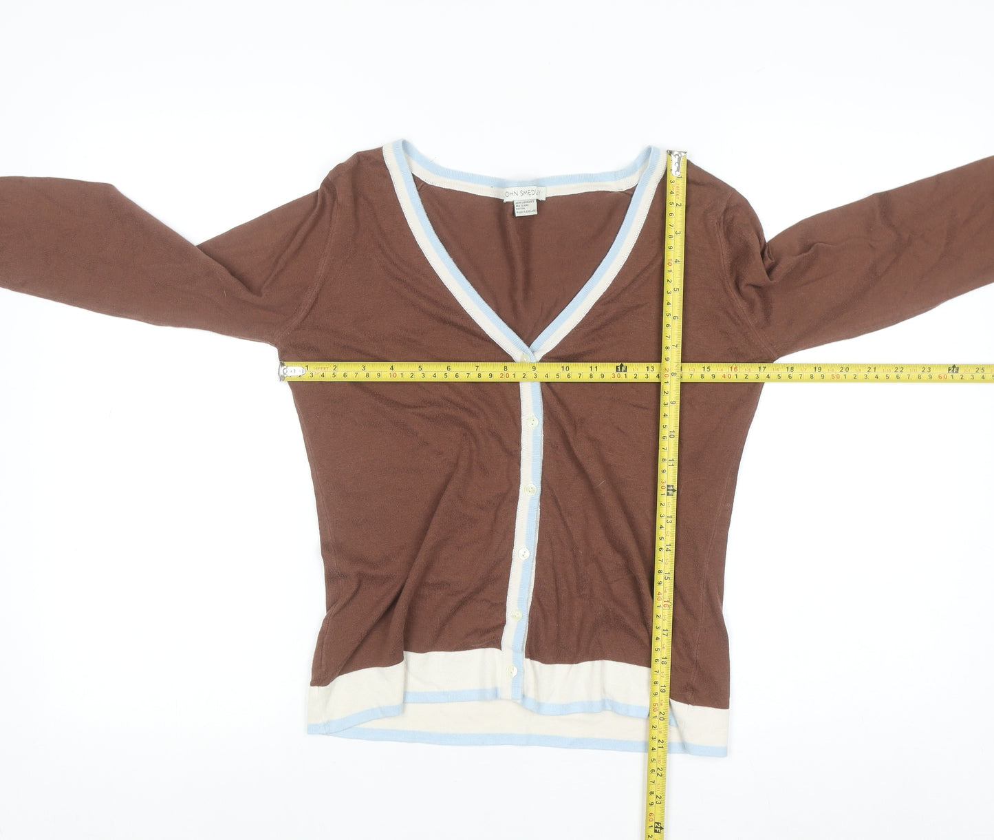John Smedley Women's Brown Cotton Cardigan M V-Neck Knit Jumper