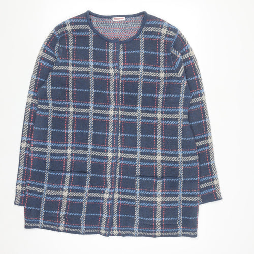 Damart Men's Blue Check Knit Cardigan L Classic Crew Neck
