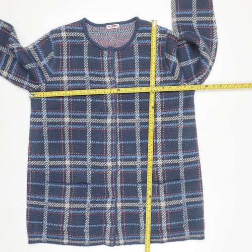 Damart Men's Blue Check Knit Cardigan L Classic Crew Neck