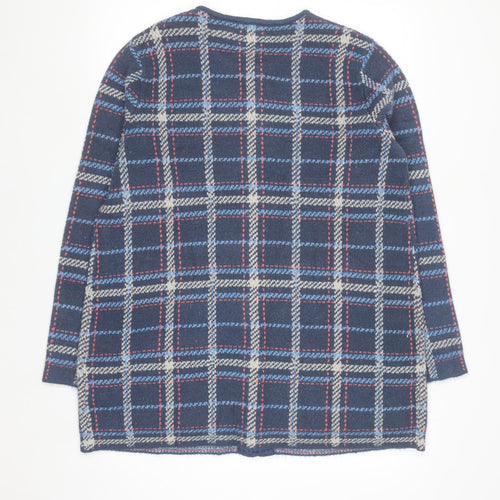 Damart Men's Blue Check Knit Cardigan L Classic Crew Neck