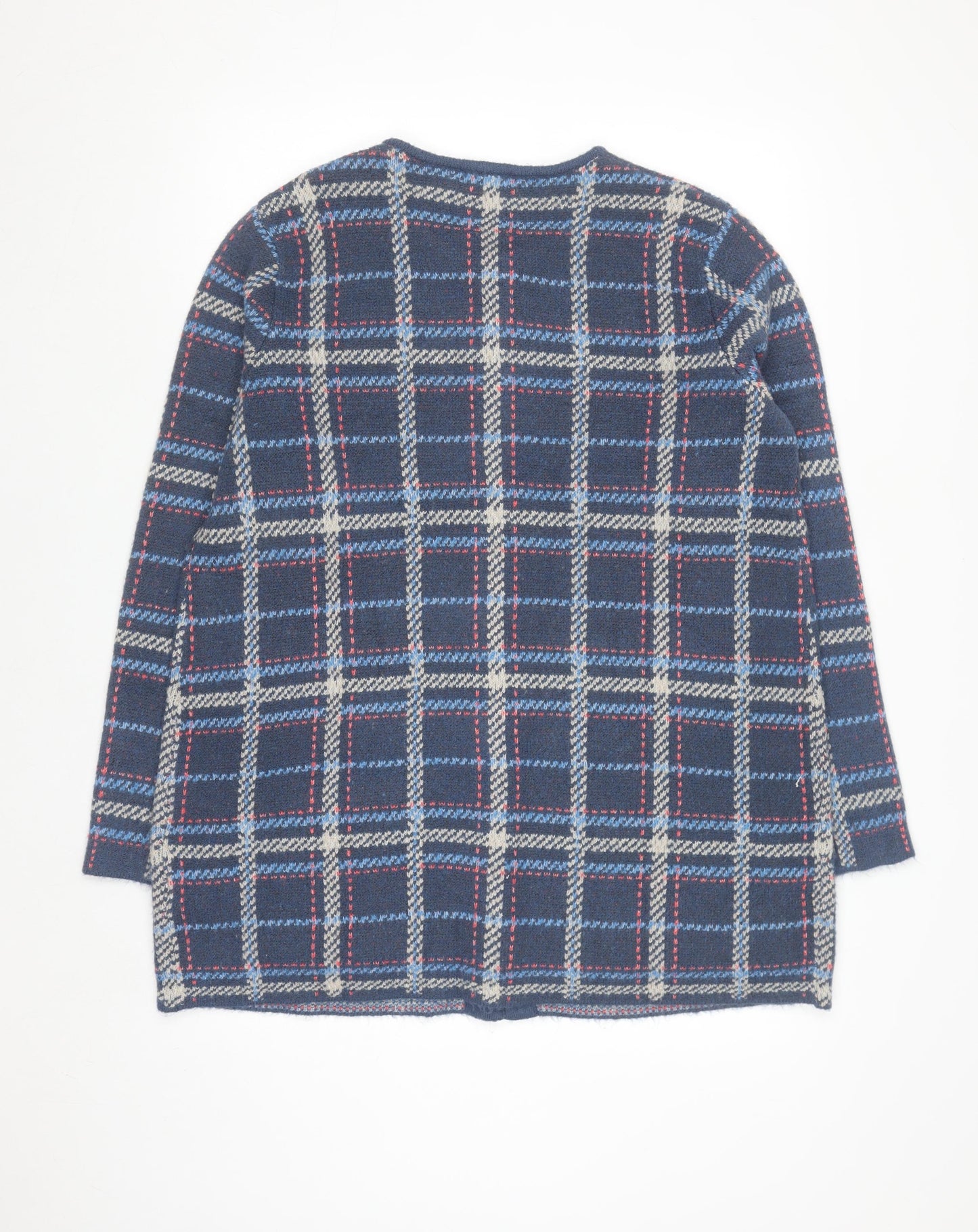 Damart Men's Blue Check Knit Cardigan L Classic Crew Neck