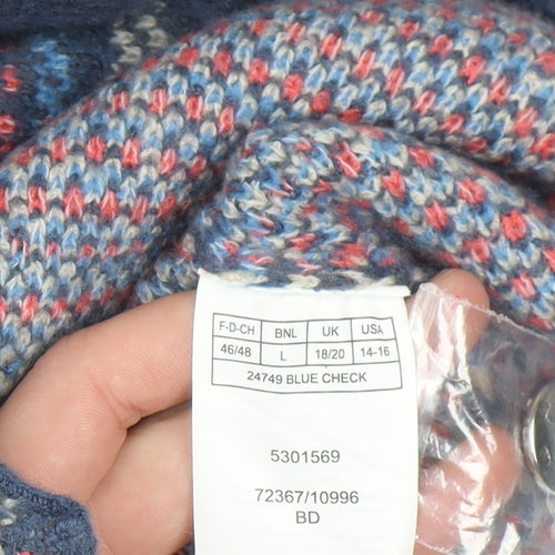 Damart Men's Blue Check Knit Cardigan L Classic Crew Neck