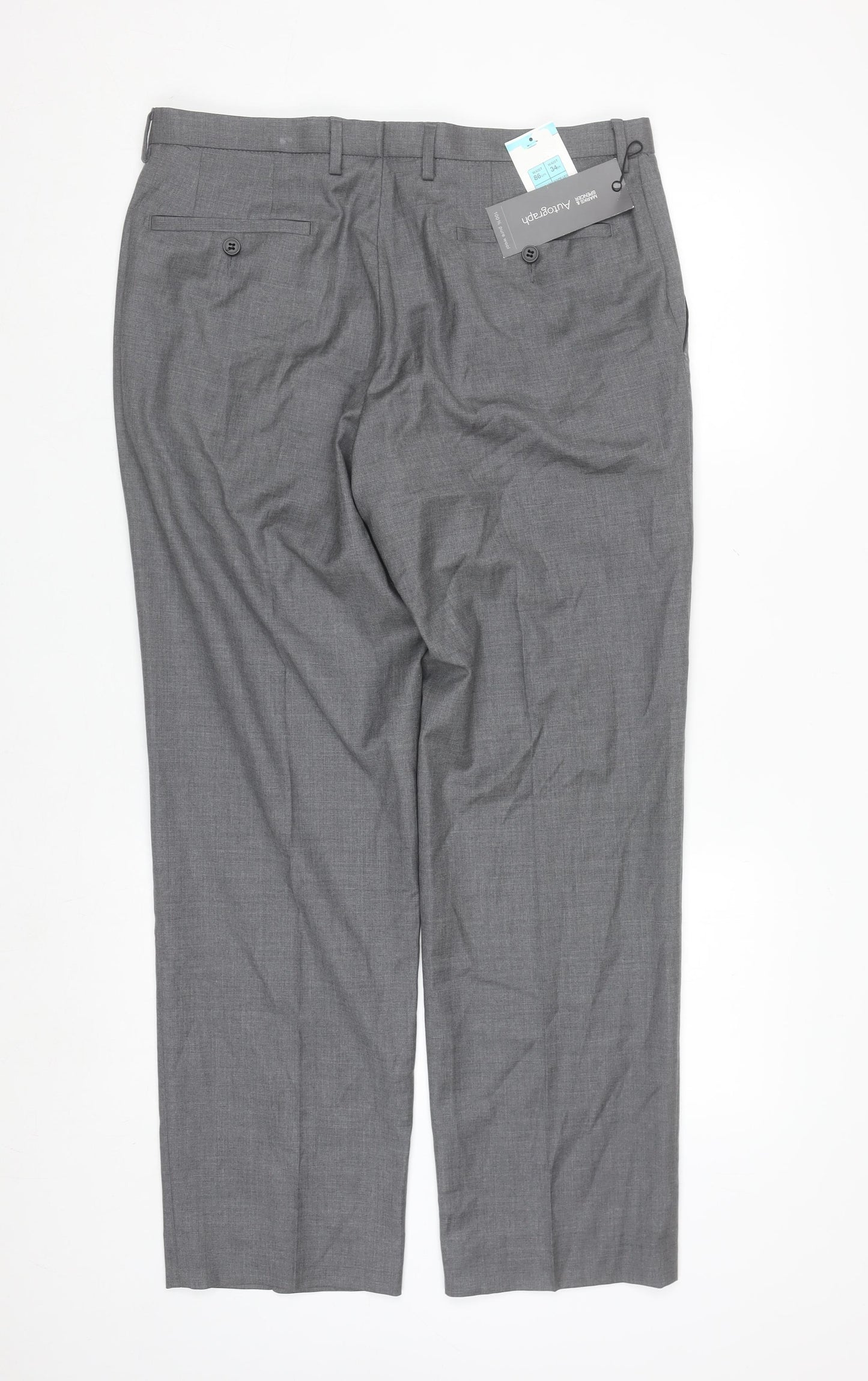 Marks and Spencer Men Grey Wool Dress Pants 34W 31L Regular Fit