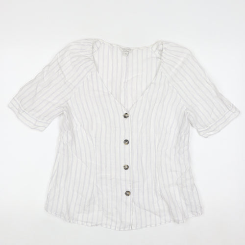 Monsoon Women’s White Linen Striped Button-Up Tunic Blouse Size 14