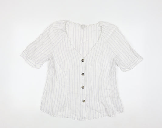 Monsoon Women’s White Linen Striped Button-Up Tunic Blouse Size 14