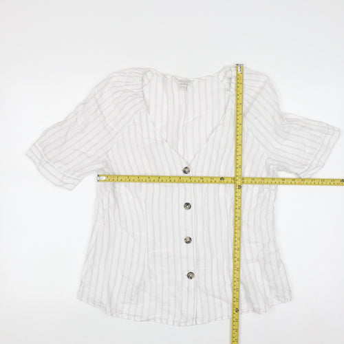 Monsoon Women’s White Linen Striped Button-Up Tunic Blouse Size 14
