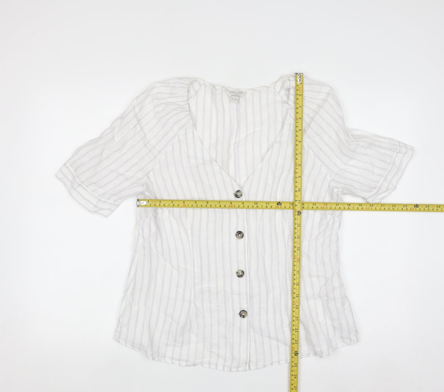 Monsoon Women’s White Linen Striped Button-Up Tunic Blouse Size 14