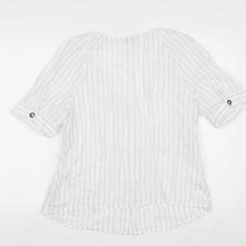 Monsoon Women’s White Linen Striped Button-Up Tunic Blouse Size 14