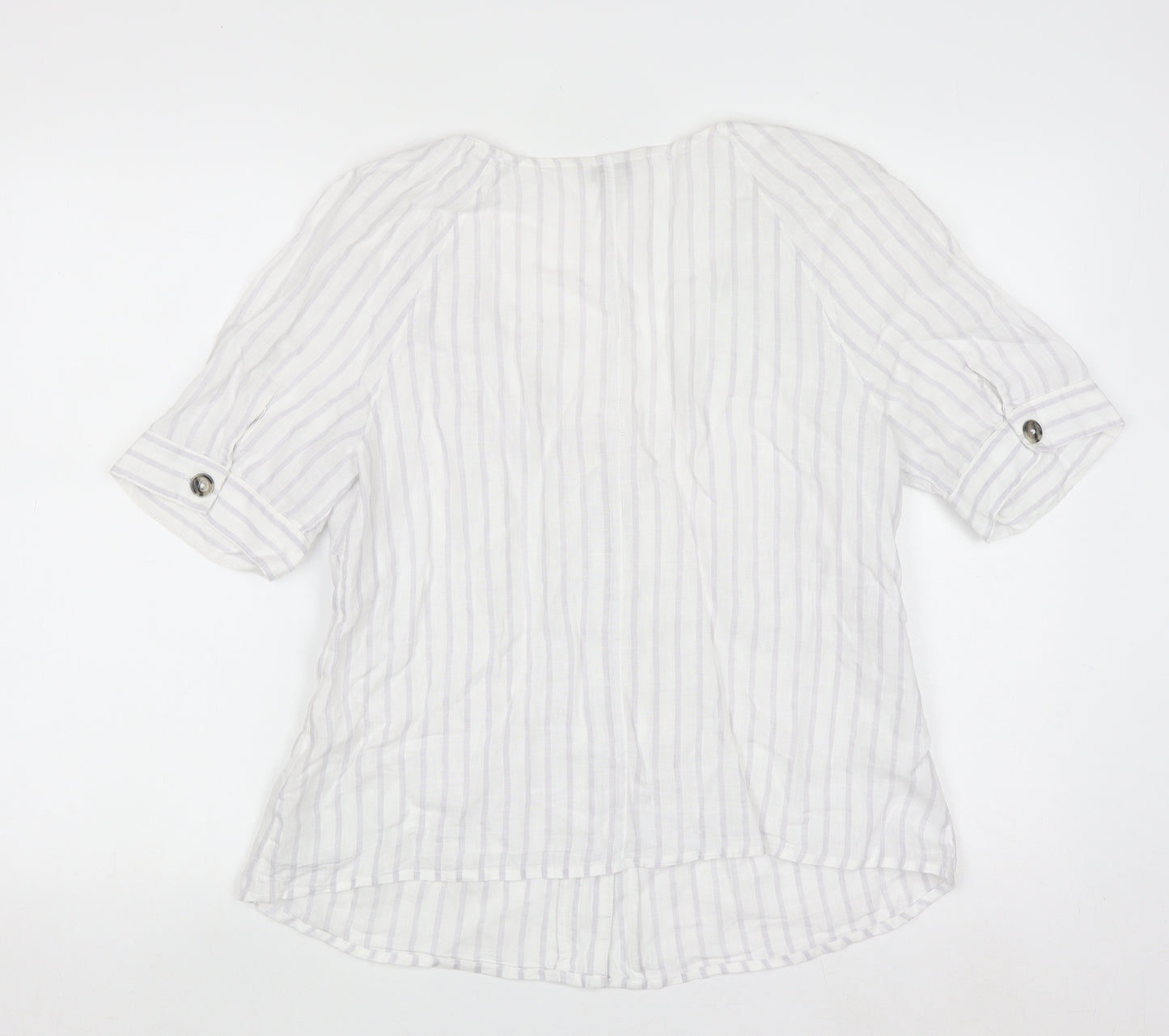 Monsoon Women’s White Linen Striped Button-Up Tunic Blouse Size 14