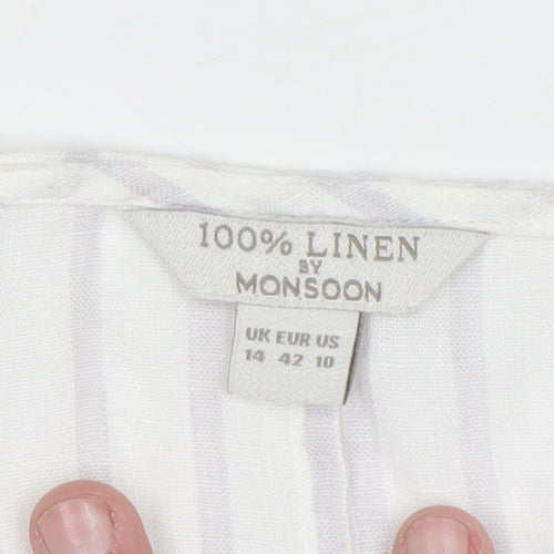Monsoon Women’s White Linen Striped Button-Up Tunic Blouse Size 14