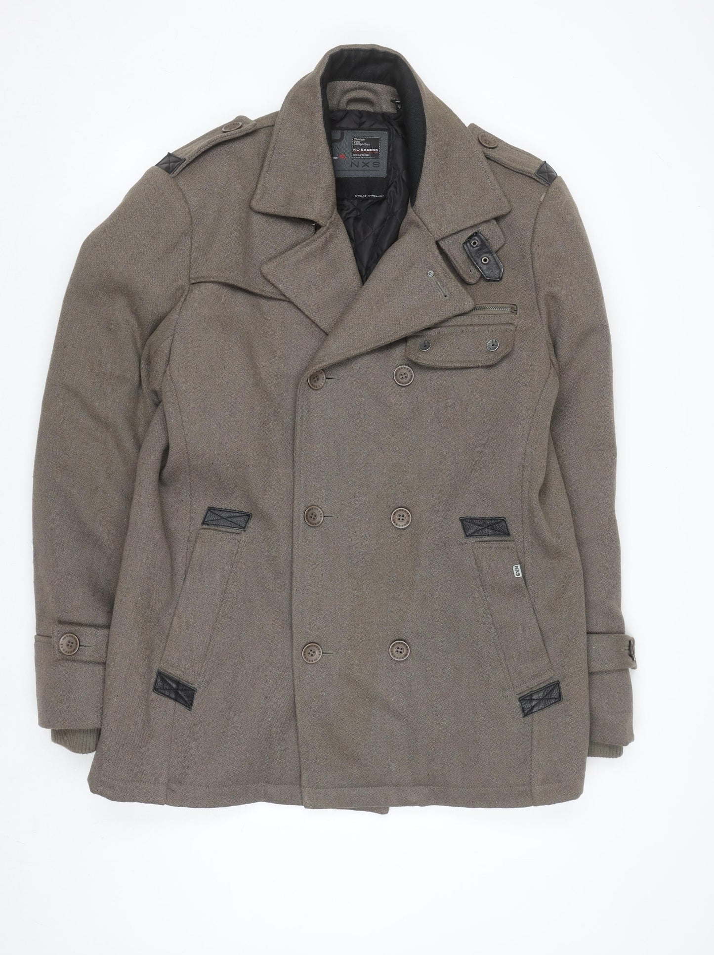 No Excess Men's Brown Wool Blend Pea Coat XL Classic Style