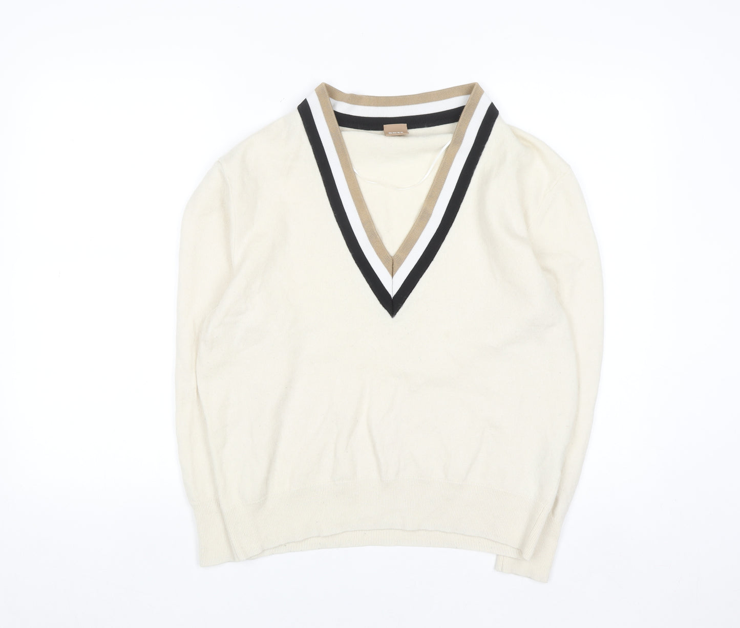 BOSS Men’s Ivory V-Neck Wool Cashmere Jumper Size M