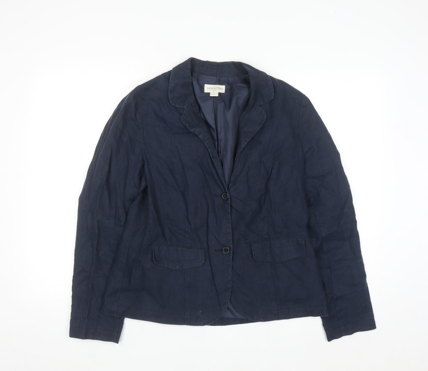 Monsoon Women’s Blue Linen Blazer Size 12 Classic Short Jacket