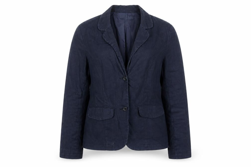 Front view of Monsoon Women’s Blue Linen Blazer, size UK 12, Classic Short Jacket