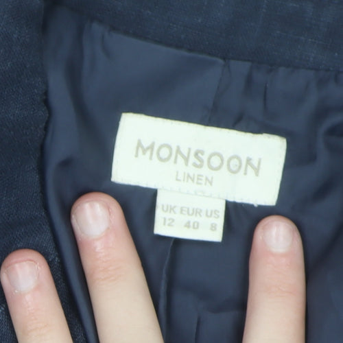 Monsoon Women’s Blue Linen Blazer Size 12 Classic Short Jacket