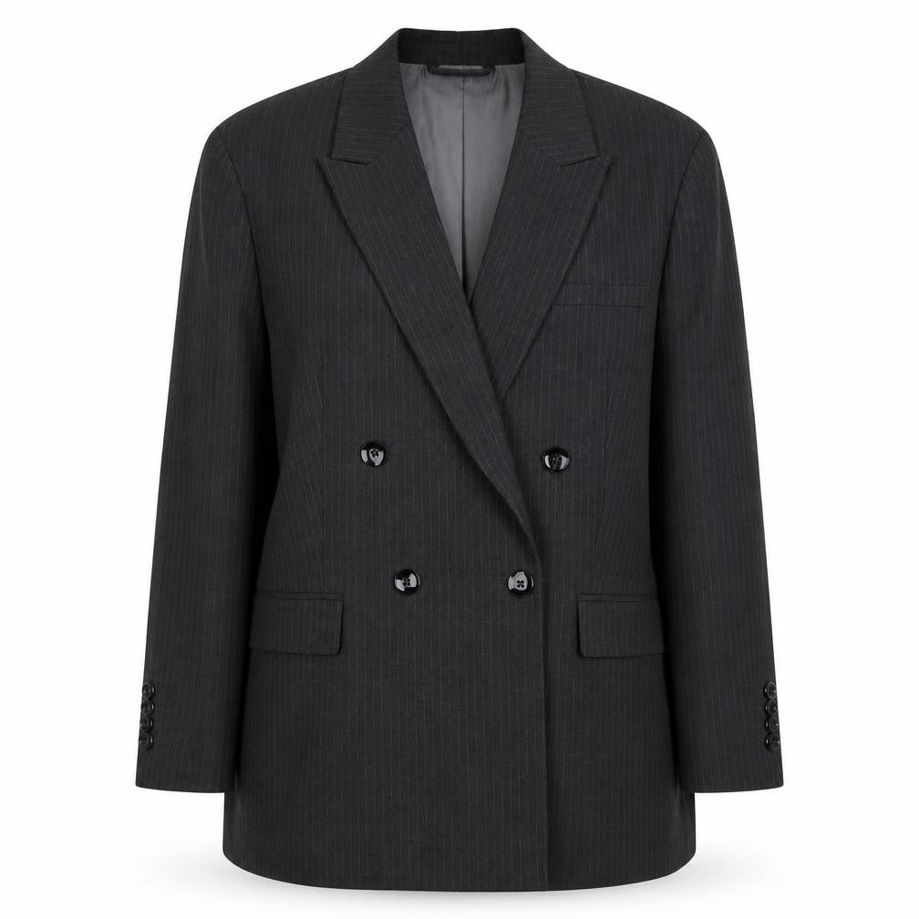 Front view of Next Women’s Grey Pinstripe Blazer, size UK 12, Classic Workwear
