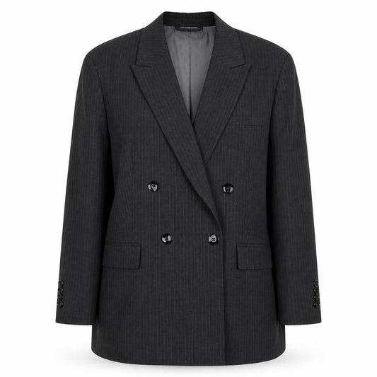 Front view of Next Women’s Grey Pinstripe Blazer, size UK 12, Classic Workwear