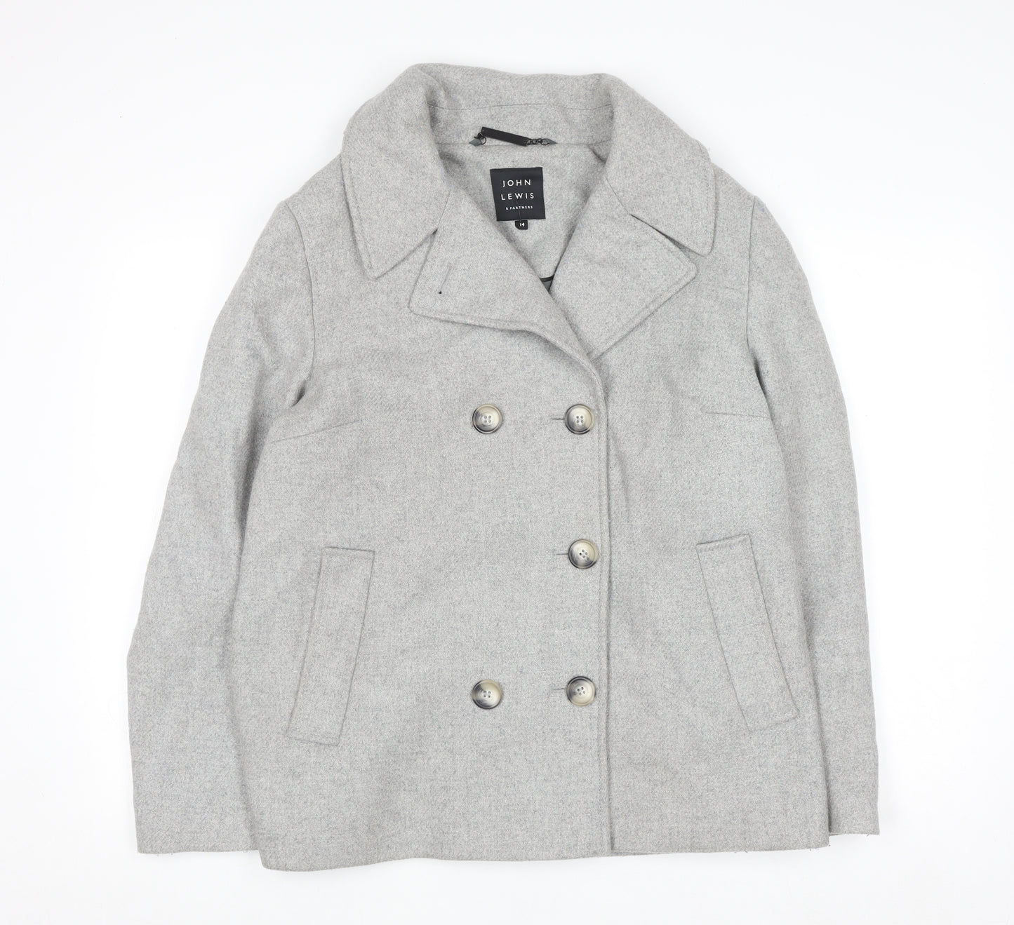 John Lewis Women Grey Wool Blend Pea Coat Size 14 Classic Style