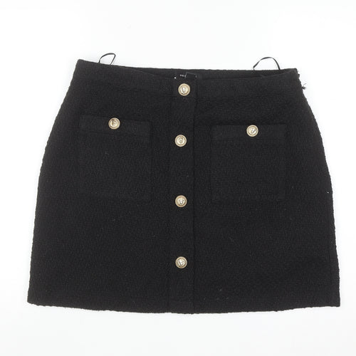 New Look Womens Black Size 14 A-Line Mini Skirt with Gold Buttons