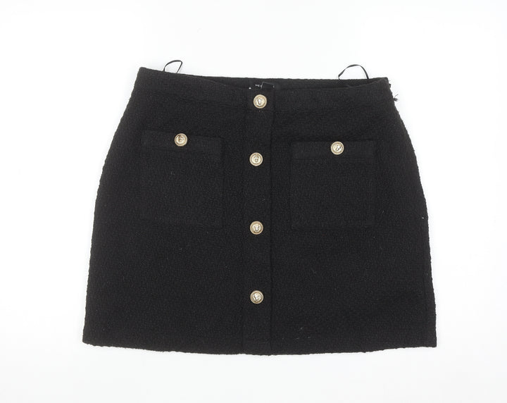 New Look Womens Black Size 14 A-Line Mini Skirt with Gold Buttons
