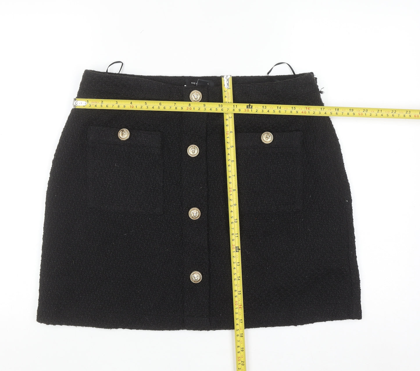 New Look Womens Black Size 14 A-Line Mini Skirt with Gold Buttons