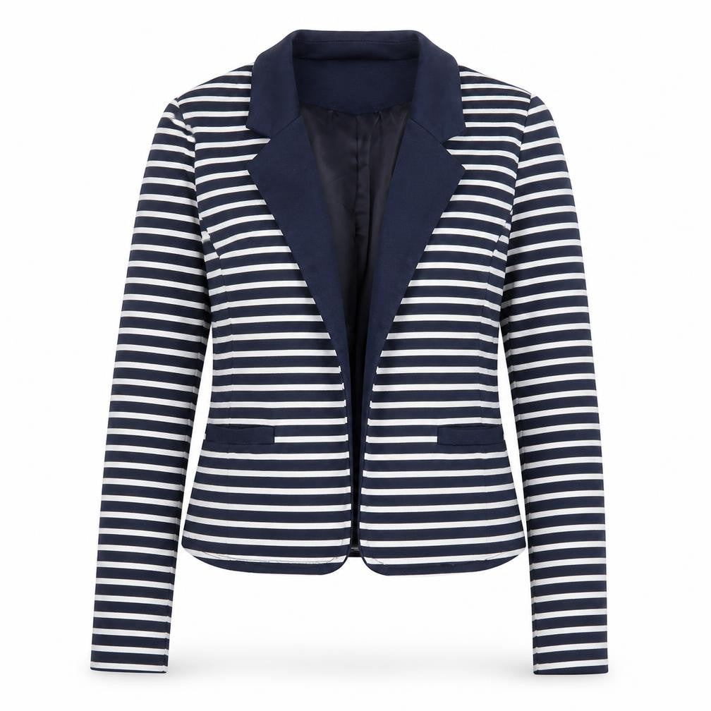 Front view of Next Women Navy Striped Blazer, size 8, Classic Lined Jacket