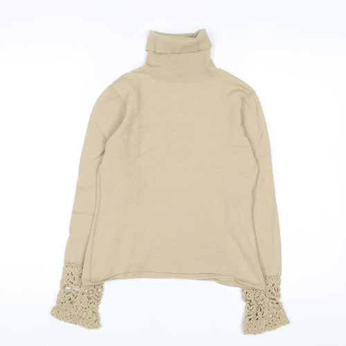Karen Millen Women's Beige Wool Roll Neck Crochet Cuff Jumper Size 8