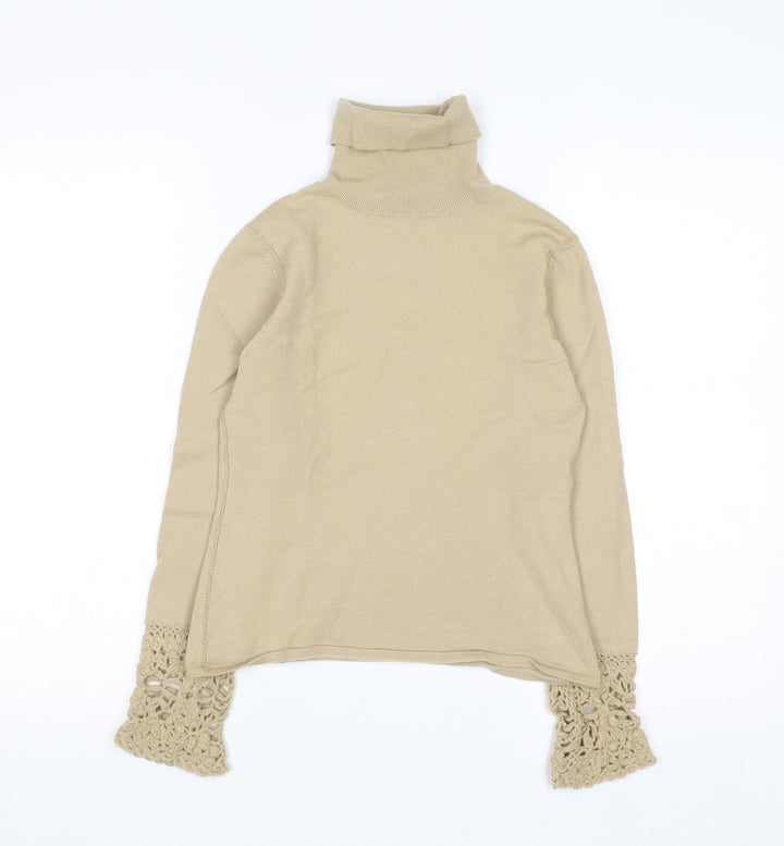 Karen Millen Women's Beige Wool Roll Neck Crochet Cuff Jumper Size 8