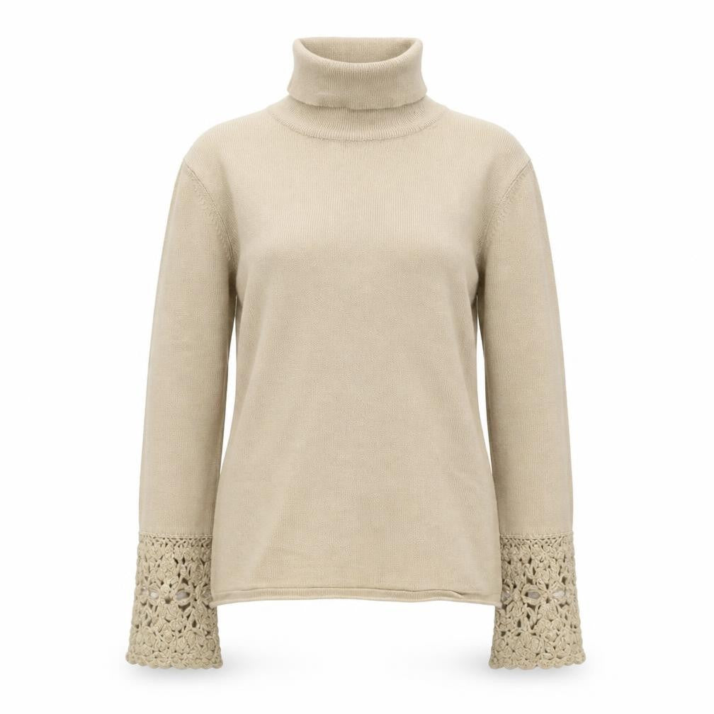 Karen Millen Women's Beige Wool Roll Neck Crochet Cuff Jumper Size 8
