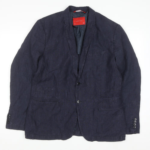 Zara Man Blue Linen Blazer Jacket Men 2XL Regular Fit