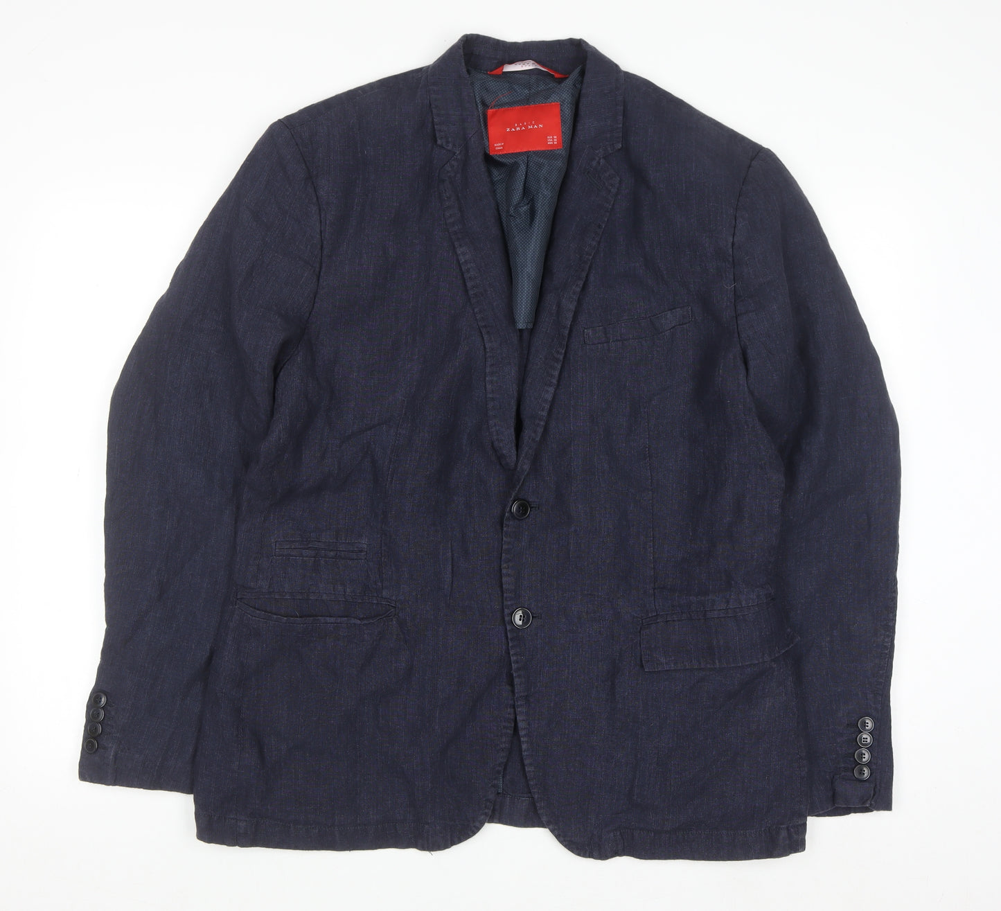 Zara Man Blue Linen Blazer Jacket Men 2XL Regular Fit