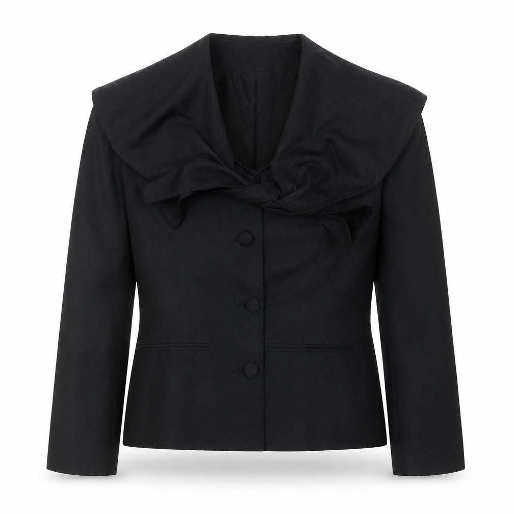 Front view of Le Château Women's Black Bow Collar Blazer, size 8, Classic Formal Jacket