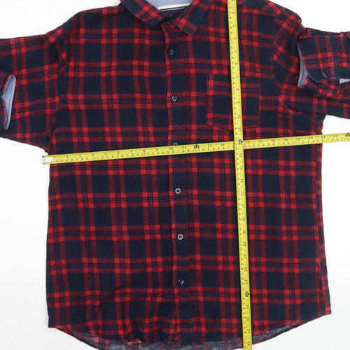 Brave Soul Men's Red Navy Flannel Check Button-Up Shirt Size L