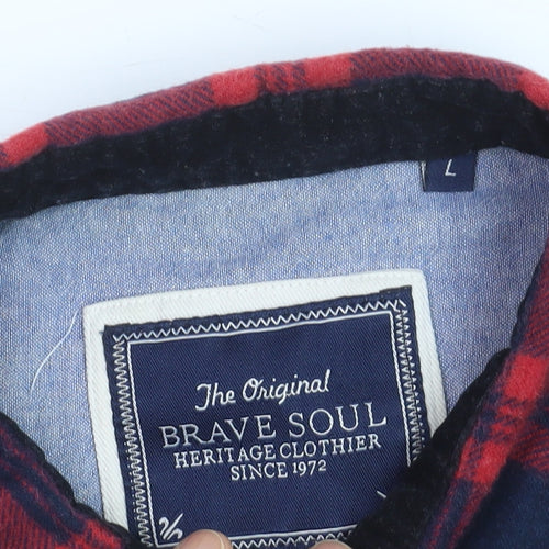 Brave Soul Men's Red Navy Flannel Check Button-Up Shirt Size L