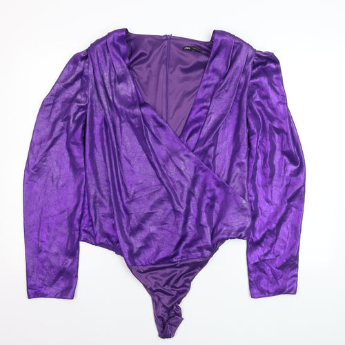 Zara Women Purple Wrap Bodysuit Top XXL Long Sleeve Polyester