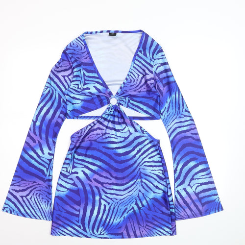 Fearlesss Women Blue Animal Print Bodycon Cut Out Dress Size S