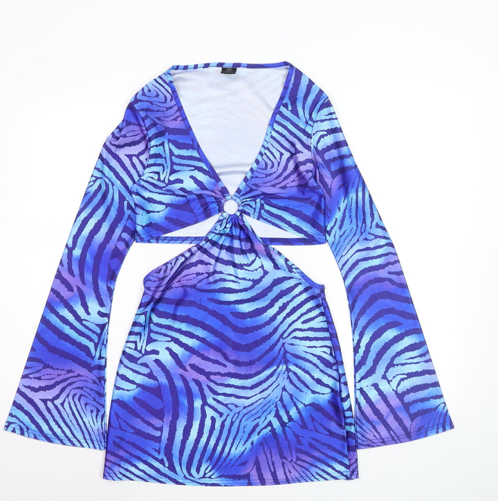 Fearlesss Women Blue Animal Print Bodycon Cut Out Dress Size S