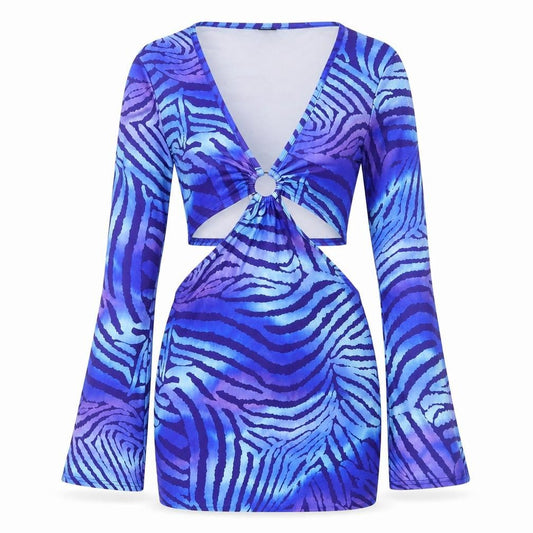 Front view of Fearlesss Women Blue Animal Print Bodycon Cut Out Dress, size S