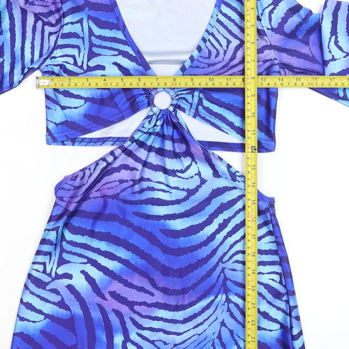 Fearlesss Women Blue Animal Print Bodycon Cut Out Dress Size S