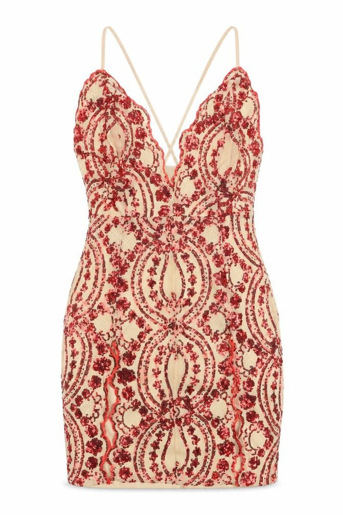 Front view of Nazz Collection women’s beige sequin bodycon dress, size UK 10